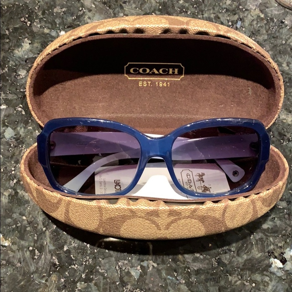 Blue Coach sunglasses and clamshell, hard case.